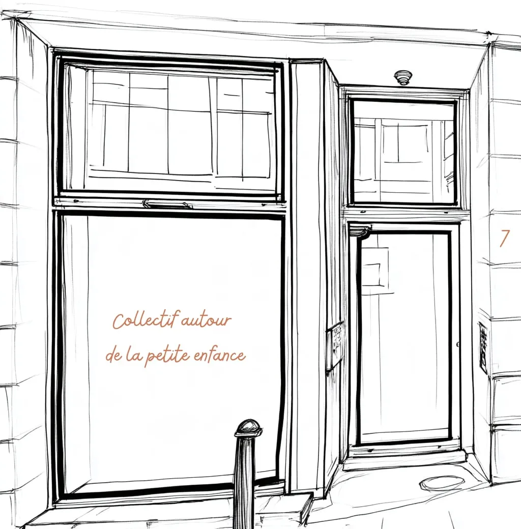 Façade du cabinet : une vitrine portant l'inscription « Collectif autour de la petite enfance », au numéro 7 de la rue.
